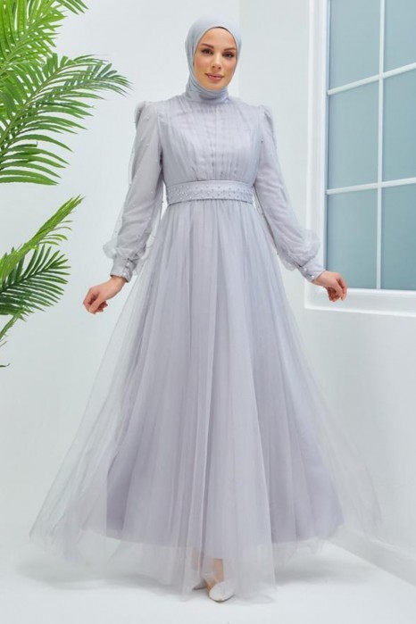 GREY  - PEARLY DETAIL EVENING DRESS 